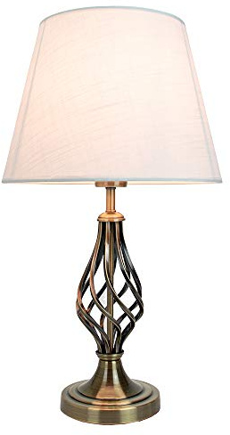 Happy Homewares Traditional Antique Brass Table Lamp with Barley Twist Metal Base and Ivory White Linen Shade | 60w Maximum | Ideal for Bedside Lamps