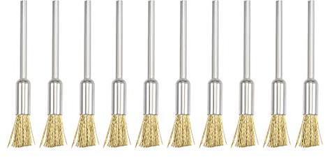 sourcing map Mini cepillo de alambre chapado en latón de acero engarzado 5 x 11 mm con vástago de 2,35 mm, 10 unidades