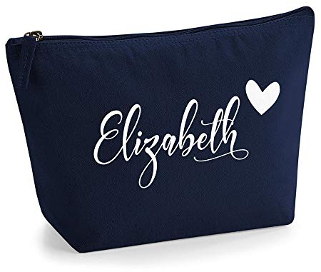 Personalisiert Name Initialen & Herz Kosmetiktasche Damen Schminktasche für Handtasche Makeup Tasche - Glitter oder Flocke Material Druck - Weiße Flocke - S | Marine Blau