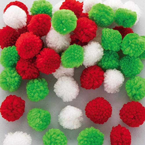 Baker Ross AX294 Christmas Woolly Pom Poms - Pack of 90, Craft Embellishments, Ideal for Christmas Arts and Crafts Projects