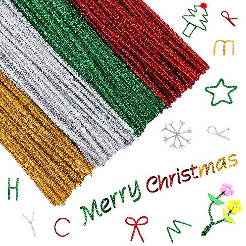 Glitter Pfeifenreiniger,400 Stück Weihnachtsmetallic Chenilledraht Bunt Lametta Chenille Stiele für DIY Kreatives Basteln,Kunst,Hochzeit,Zuhause,Party,Weihnachtsdekoration(Rot, Gold, Silber, Grün)