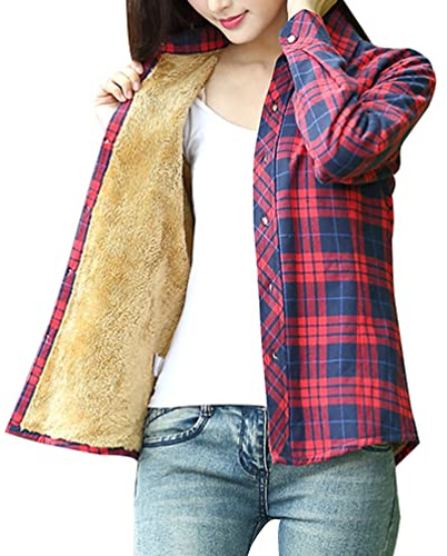 Minetom Kariert Hemd Damen Samt Warm Plaid Herbst Winter Langarm Jacke Gefüttert Plüsch Blusenshirt Hemdbluse Knöpfen Karo Blusen Stil C 38