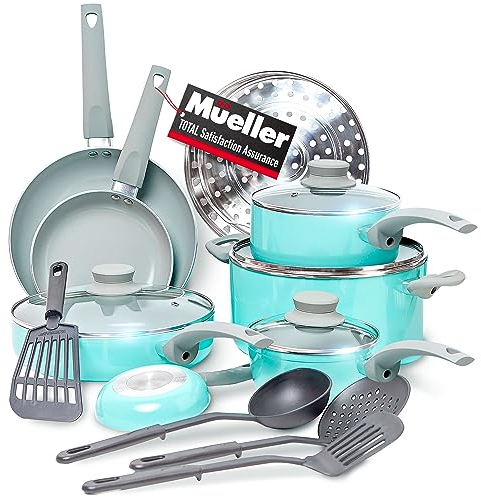 Mueller 16-teiliges Antihaft-Kochgeschirr-Set aus Stein mit Dampfgarer und Glasdeckeln, Türkis