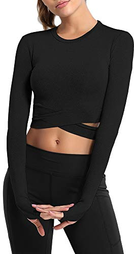 MUYOGRT T-Shirt Damen Sportshirt Langarm Crop Top Sexy Sport Oberteil Bauchfreie Sommer Laufshirt Atmungsaktiv Sporttop Leicht Yoga Fitness Shirts Schnelle Trockene Funktionsshirt