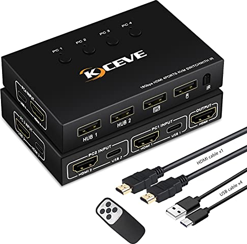 Switch HDMI KVM a 4 porte, 4 Computer USB 2.0 Commutatore KVM 4K a 60Hz per Condividere Mouse, Tastiera, Tenere sotto Controllo, Compatibile Con Sistema Windows/Linux/Mac