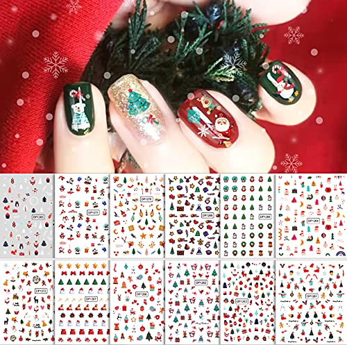 12 Sheets Christmas Nail Art Stickers, EBANKU 3D Self-Adhesive Snowflake Santa Claus Snowman X-mas Tree Elk Nail Art Decals for Women Girls Kids Christmas Nail Decorations