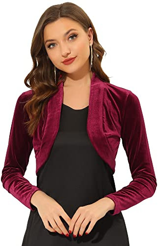 Allegra K Women's Long Sleeve Cardigan Velvet Open Front Cropped Bolero Shrug Burgundy 12