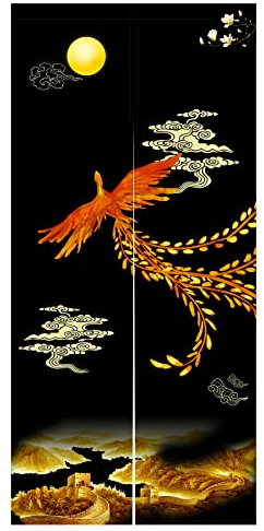 LIGICKY Japanischer Stil Noren Lang Vorhang Dick Türvorhang Raumteiler Tapisserie für die Heimtextilien 85 x 180 cm, Schwarz, Phönix und die Große Mauer