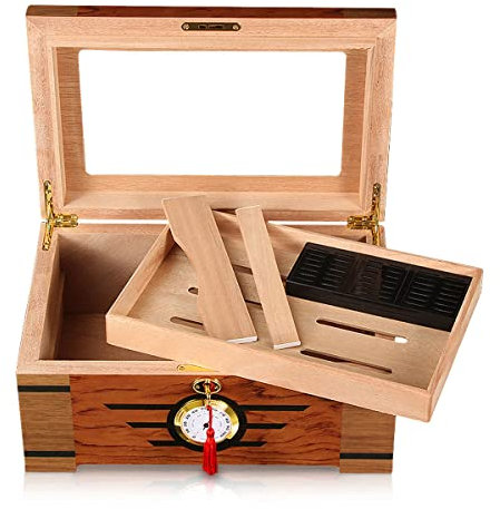 Zigarren-Humidor-Box, Zigarrenbox-Set mit Luftbefeuchter-Schneider und Zedernholz-Trennwand, Humidore mit Glasplatte, digitaler Hygrometer-Frontbefeuchter und Zubehör-Tablett. Tolles Geschenk für de