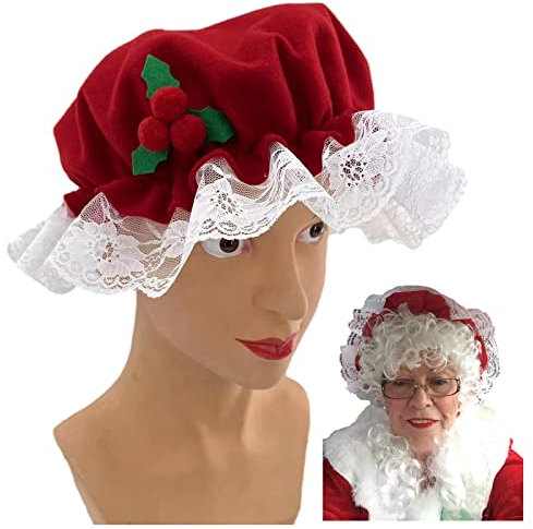 QTMY Red Berry Bonnet Hat Mob Cap with Lace Trim,Mrs Santa Claus Costume Handmaid Old Lady Xmas Christmas Party Costume Cosplay