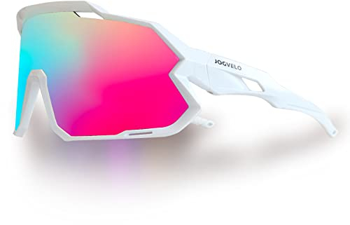 JOGVELO Occhiali da Ciclismo, Occhiali da Sole Polarizzati per Sport con 3 Lenti Intercambiabili Anti-Fog Anti-UV 400 per Ciclismo Motoclclismo, Guida, Pesca,Corsa, Bianco & Rosa