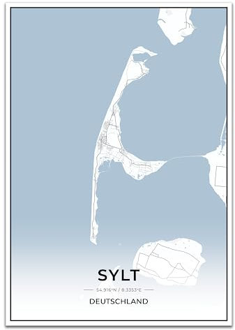 Vacentures Sylt Karten Poster - Premium Wandbild ohne Bilderrahmen I Moderne Wanddeko für Wohnzimmer oder Schlafzimmer I Hochwertiger Druck (Blau, 50x70 CM)