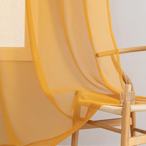 MYSTIC-HOME Schwarze, durchsichtige Vorhänge, halbdurchsichtige Sichtschutzvorhänge mit Fensterdekorationen, weiche Voile-Vorhänge, französische Türen, Türteiler, gelb, 132,1 cm B x 241,9 cm L
