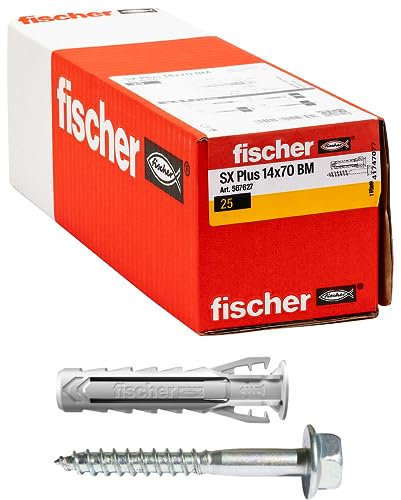 Fischer 25 Tasselli SX Plus BM con Vite Testa Esagonale 14x70 mm Muro Pieno, Mattone Forato, Muratura, Calcestruzzo, per il Fissaggio di Lampadari, Mobili, Pensili, Mensole, 567627