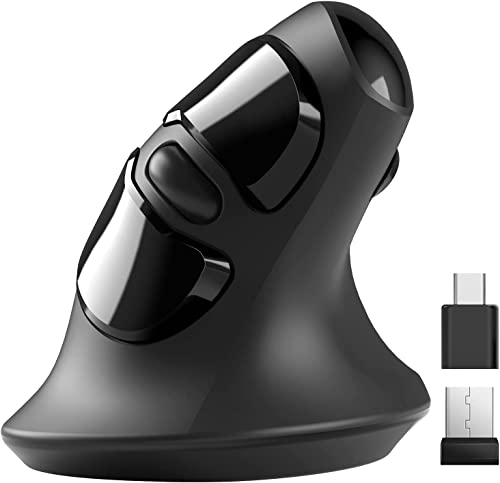 Micropack Ergonomische Maus, vertikale Kabellose Maus mit USB-A und USB-Typ-C Empfänger, Ergo Maus mit 6 Tasten und Einstellbarer DPI Maus für Windows, MacBooks, PC, Laptop und Tablets, Schwarz