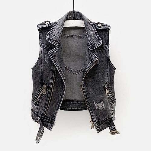 BINDT Ärmellose Jeansweste für Damen, große Größe S-5XL, Punk, schwarz, zerrissen, Gewaschene Jeansweste, Jeans, Reißverschluss, Bandage, Kurze Jeansweste