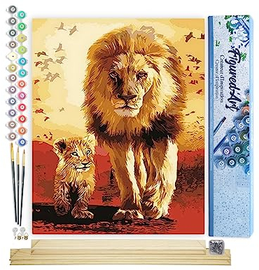 Figured'Art Peinture par Numéro Adulte Lion et son Petit - Activité Manuelle Kit de Loisir Créatif DIY Numéro d'Art Complet - 40x50cm avec châssis en bois à monter