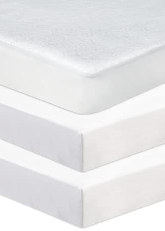 Spannbettlaken für Kinderbett, 100 % reine Baumwolle, 3-teiliges Set (90 x 50 cm), 2 Spannbettlaken und 1 wasserdichter Matratzenschoner (90 x 50 cm, weiß)