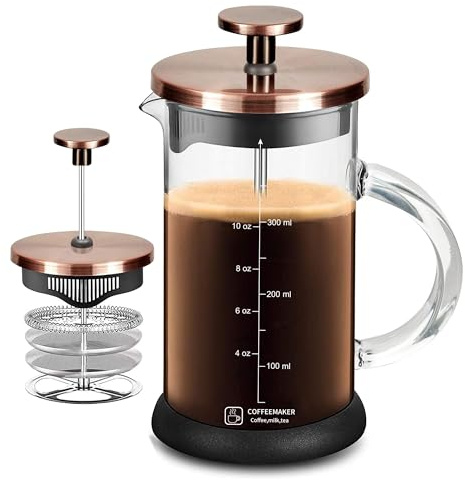 YMMIND French Press Coffee Maker 12 Ounce Espresso Tea Coffee Maker with 4 Filters System, Stainless Steel Plunger and Heat Resistant Borosilicate Glass BPA-Free Brewed Tea Pot Coffee Plunger