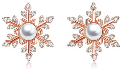 Kamise Schmuckset für Damen, 925 Sterling Silber Weihnachten Schmuck Set, 2 Stück Schneeflocke Halskette & Ohrstecke mit Perle Zirkonia, Hypoallergen 45cm Anhänger Silberkette Weihnachten Ohrringe