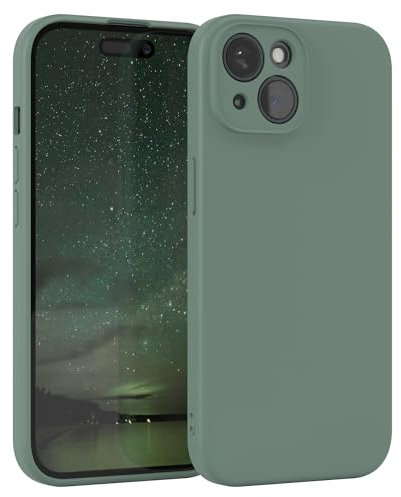 EAZY CASE Coque de protection en silicone pour iPhone 15, en silicone vert foncé, souple, résistante aux chocs, avec protection de l'appareil photo, fine, protection en TPU, antichoc, vert mat