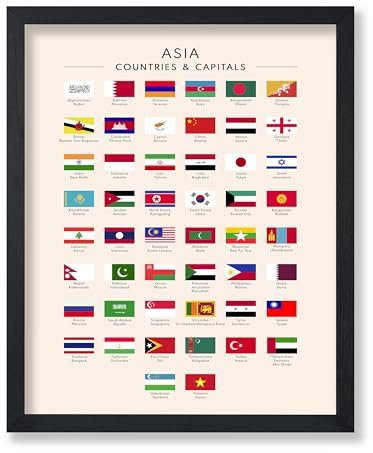 Poster Master Poster Flags of Asia – Asiatische Länder und Hauptstädte Druck – Lernmaterialkunst – pädagogische Kunst – Geschenk für Schüler und Lehrer – Dekoration für Klassenzimmer oder Bibliothek