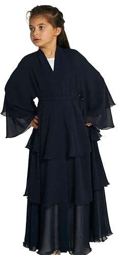 M?dchen Kleid Muslimisches Chiffon Gebetskleid Gebetskleidung f?r Kinder Abaya Einfarbig Vorne Offen Strickjacke Islamischer Naher Osten Dubai T?rkei Maxi Kaftan Kleider mit Hijab Schwarz 13-14 Jahre