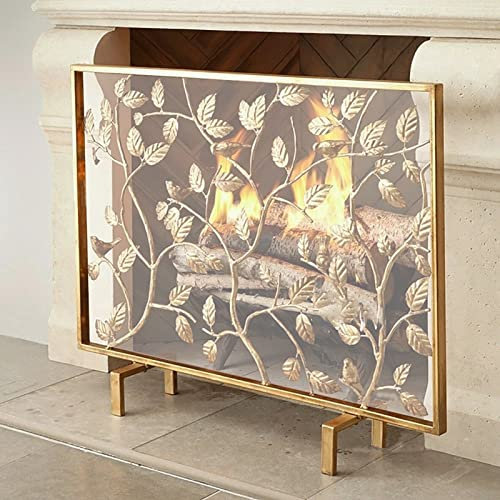 CMYUN Kaminschutzgitter Kamingitterabdeckung mit Blattmuster, Hochleistungsgoldfeuerschutz Dekorativ, Einzelsicherheits-Funkenschutz für Wohnzimmer/Offener Kamin