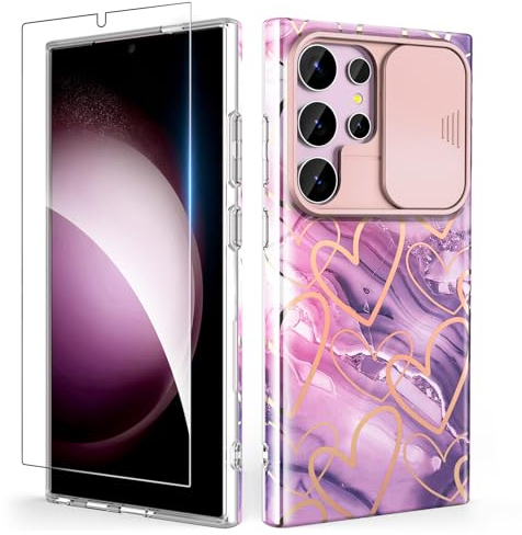 SHEDEER for Samsung S24 Ultra Case with Slide Camera Cover + Screen Protector, Samsung Galaxy S24 Ultra Case Slim Fit Lightweight, Glossy Fade-Resistant Pattern Design Phone Cover (Purple)