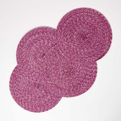 HOMESCAPES 4er-Set Tischsets pink 40cm, Platzsets rund geflochten, Platzmatten Outdoor/Indoor aus Recycling-Polyester
