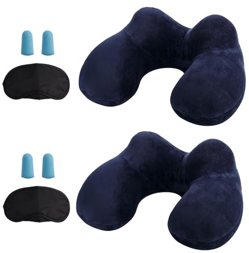 LUZWAY Inflatable Travel Pillow Neck Pillow Kits Ergonomic Soft Velvet Washable Pillowcase with Ear Plug and Eye Mask, Lightweight Sleeping Rest Cushion for Airplane, Car, and Train（2 pack）