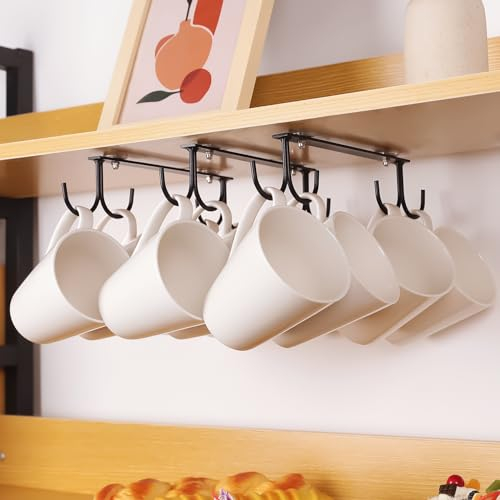 EigPluy 3 Stücke Tassenhalter unter dem Schrank,Becher Tassen Lagerung Haken,12 Tassenhaken Unter dem Regal, Kaffeetassenhalter zum Aufhängen Tassen/Mug/Becher(Schwarz)