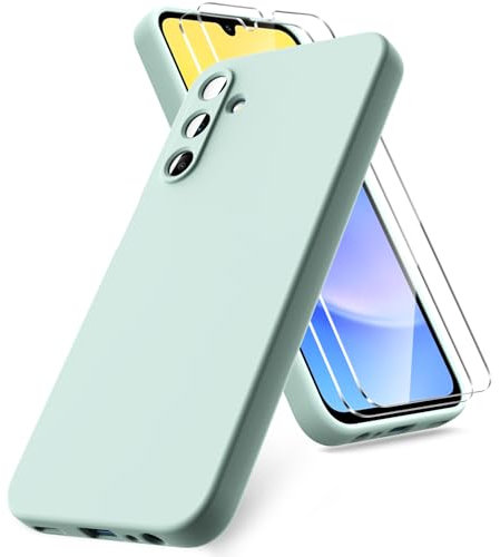 Vansdon Funda Compatible con Samsung Galaxy A15 4G/5G, 2 Unidades Protector Pantalla Cristal Templado, Silicona Líquida Gel Ultra Suave Funda- Menta