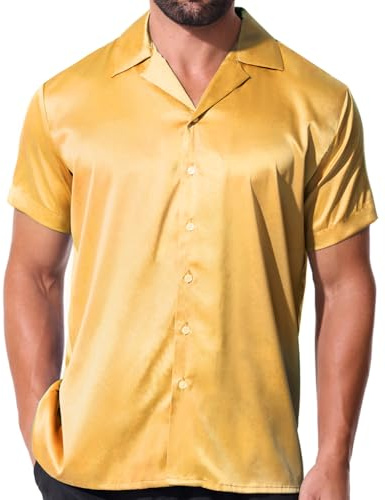 fohemr Mens Satin Shiny Cuban Shirts Luxury Short Sleeve Causal Button Down Solid Dress Stylish Business Party Shirt Yellow XX-Large