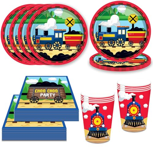 Bikasun Zug Geburtstag Party Supplies, Zug Partygeschirr Train, Zug Geburtstag Party Geschirr Set Zug Geburtstag Teller Train Kindergeburtstag Deko Auto Pappteller Becher Servietten Tischdeko