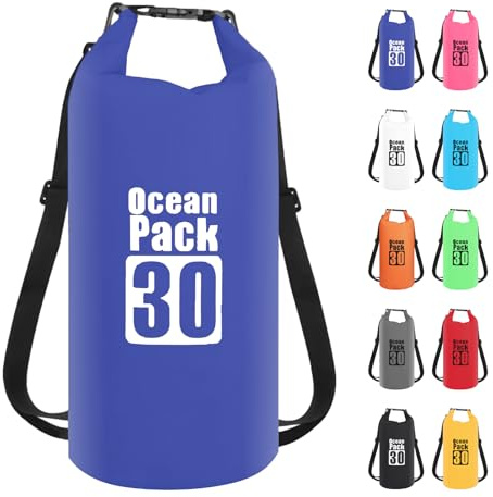 30L Blau Wasserdichte Tasche, Dry Bag 2L/5L/10L/15L/20L/30L mit Verstellbarem Gurt, Schützt Telefon/Karte, Roll Top Wasserdichter Beutel Rucksack für Schwimmen/Rafting/Kajak/Bootfahren/Camping/Strand