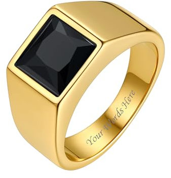 Bestyle Herren Ring Edelstahl mit Schwarzem Stein Bandring Schwarzer Onyx Biker Ring mit Gravur, 8 * 8mm Achat Pinky Daumen Ring für Papa Vater Personalisierter Schmuck Geschenk, Größe 65, Gold