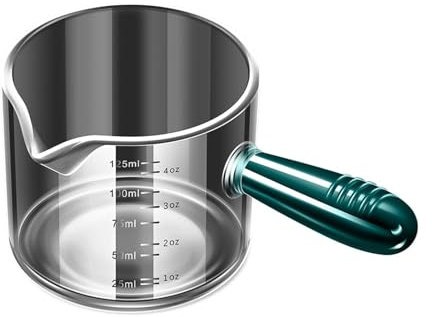 FOVNOT Espresso Measuring Cup, 60ml/125ml Espresso Shot Glass Cups Espresso Cups with V-Shaped Mouth and Dual-Scale Suitable for Espresso, Ketchup, Salad Dressing, Hot Chocolate (Green handle-125ml)