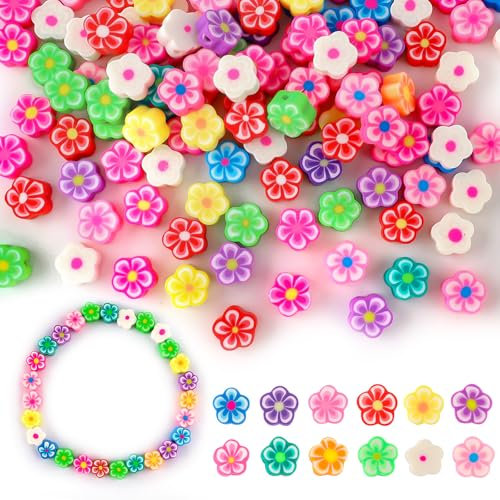 Hainue 200 Stück Perlen für Armbänder Blumen, Blumen Perlen Zum Auffädeln, Perlen Zum Auffädeln Kinder,Blumen Perlen, Blumen Armband Perlen, Clay Beads, Weiche Keramik Blumenperlen für DIY Armband