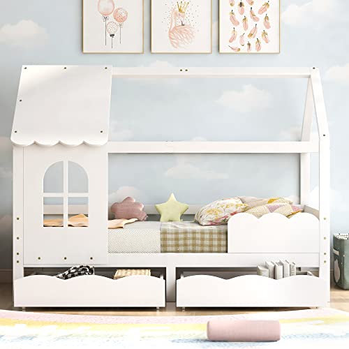 Merax 90x200cm mit Zwei Schubladen, Hausbett Dachgestell mit Rausfallschutz und Lattenrost, Massivholz Jugendbett mit Stauraum, Spielbett für Jungen & Mädchen, Kinderzimmermöbel, Weiß