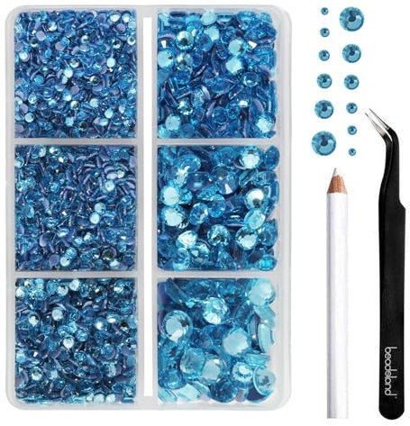 BEADSLAND pedreria hotfix,4000 PCS piedras azul strass termoadhesivas diamantes cristales para manualidades,Kit mixto de 6 tamaños con lápiz de cera y pinzas,SS6-SS30,Aguamarina Rhinestones