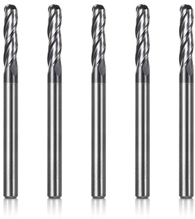 Genmitsu 5-teiliges Kugelkopf-End-Mills-Set für CNC-Fräsen, 1/8 Schaft aus Wolframstahl, CNC-Fräser mit 3-Zahn-Schnitzspitzen, Gesamtlänge 1-1/2”, TiAlN-beschichtet, 3BNB05