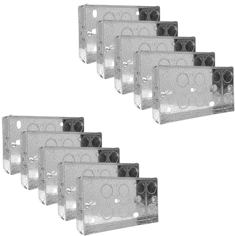 Evoges Double Metal Back Box, 25mm, 2 Gang, 1.0mm Thickness for Electrical Sockets Switches, BS4662 Standard, 20mm Knockouts, Adjustable Lug, Brass Terminal (Pack of 10)