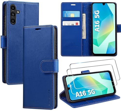 ivencase LederHülle für Samsung Galaxy A16 5G/4G Hülle und 2 Stück Schutzfolie,Premium PU Schutzhülle Flip mit Tasche Brieftasche Magnetverschluss handyhülle für Samsung A16 5G/4G Hülle - Blau