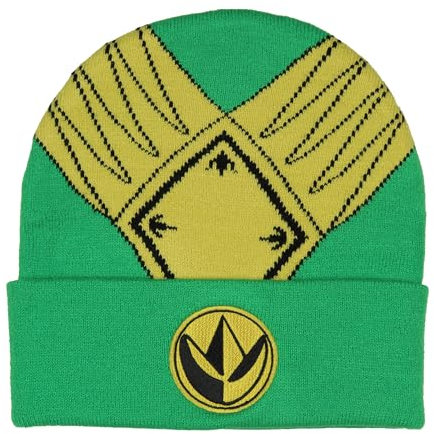 Mighty Morphin Power Rangers Herren-Beanie-Mütze, grün, goldfarbene Rüstung, bestickt, Strick, Faltmanschette, OSFM, Green Ranger V1, Einheitsgröße