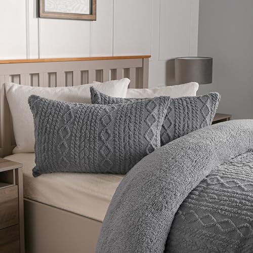 OHS Cable Knit Duvet Cover King Size, Ultra Soft Teddy Fleece Sherpa Reverse Duvet King Size with Pillowcases Teddy Fleece Fur Thermal Winter Bedding - Grey