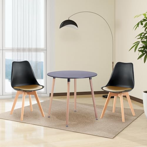 H.J WeDoo Rund Esstisch mit 2 Stühle Essgrupp, 80cm Küchentisch und 2er Set Esszimmerstühle Esszimmergruppe Sitzgruppe für Küche Wohnzimmer (Schwarz Tisch+2 Schwarz-Gold Stühl)