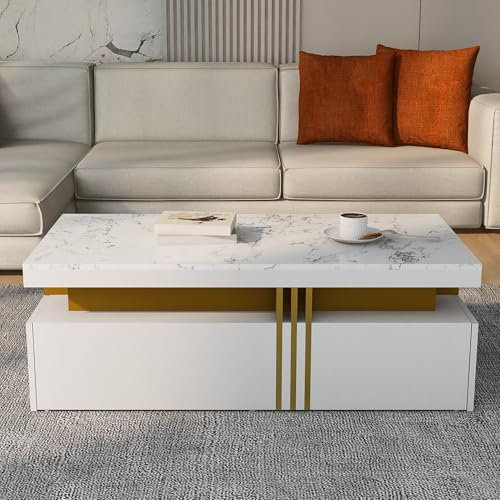 BTM Table Basse Imitation Marble, Tiroirs en Bois, Rectangulaire Moderne Table Basse Salon, 100 x50x40cm, Brillant Blanc