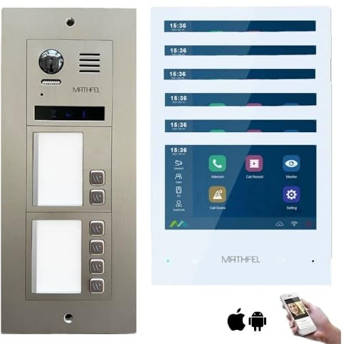 MATHFEL 2-Draht-IP WLAN Video-Türsprechanlage mit RFID und 2 Jahren Garantie – Komplettset für 6-Familienhäuser mit 6X 7-Zoll-Monitoren, Full-HD-Bildauflösung, Edelstahl-Front und Farbnachtsicht