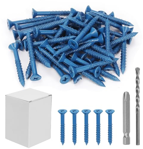 Keadic 50 PCS 1/4 Concrete Screw Anchor with Phillips Flat Head & Drill Bit Set - Perfect for Anchoring to Masonry, Block or Brick Stucco,Secure Fastening on Concrete (Blue,Long 57mm/2-1/4in)